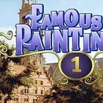파란색과 금색으로 디자인된 Famous Paintings 1 텍스트가 고딕 양식의 건물들 앞에 배치된 이미지