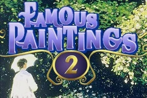 보라색 글씨로 FAMOUS PAINTINGS 2가 쓰여 있고, 뒷배경에는 꽃이 만발한 정원에서 햇빛을 받으며 우산을 든 여성이 걷고 있는 그림