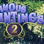 보라색 글씨로 FAMOUS PAINTINGS 2가 쓰여 있고, 뒷배경에는 꽃이 만발한 정원에서 햇빛을 받으며 우산을 든 여성이 걷고 있는 그림