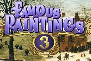 보라색 글씨로 Famous Paintings 3가 적혀 있고, 겨울 풍경에서 사람들이 눈 덮인 길을 걷고 있는 그림
