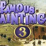 보라색 글씨로 Famous Paintings 3가 적혀 있고, 겨울 풍경에서 사람들이 눈 덮인 길을 걷고 있는 그림