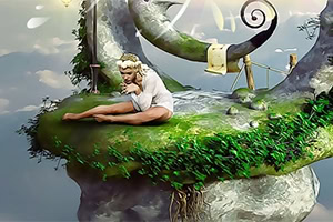 돌과 덩굴로 장식된 떠 있는 섬에 앉아 있는 흰 옷을 입은 사람