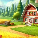 푸른 하늘 아래 빨간색 헛간과 밀밭이 있는 평화로운 농장의 모습