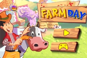 농부가 소와 함께 있고, FARM DAY라는 글씨와 함께 두 개의 메뉴 버튼이 있는 농장 배경의 그림
