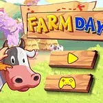 농부가 소와 함께 있고, FARM DAY라는 글씨와 함께 두 개의 메뉴 버튼이 있는 농장 배경의 그림