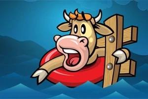 빨간 튜브에 올라타고 깜짝 놀란 표정을 짓는 만화 스타일의 소