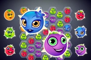 다양한 표정을 가진 다채로운 색상의 과일 얼굴들이 격자 배경 위에 배열되어 있습니다