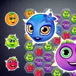 다양한 표정을 가진 다채로운 색상의 과일 얼굴들이 격자 배경 위에 배열되어 있습니다