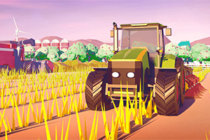 밭에서 트랙터가 곡물을 경작하고 있으며, 배경에는 풍차와 나무, 건물이 보인다