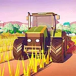 밭에서 트랙터가 곡물을 경작하고 있으며, 배경에는 풍차와 나무, 건물이 보인다