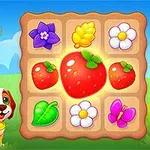 소녀와 강아지가 서 있고, 옆에 과일과 꽃 이미지가 있는 퍼즐 보드가 있는 장면