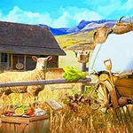 밭과 양, 다양한 농작물 및 농기구가 있는 시골 풍경