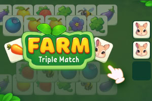 초록색 배경에 과일과 채소 그림이 있는 카드들이 배열되어 있고, 화면 중앙에는 Farm Triple Match라는 텍스트가 있으며, 손 모양의 커서가 동물 그림이 있는 카드를 가리키고 있습니다
