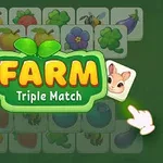 초록색 배경에 과일과 채소 그림이 있는 카드들이 배열되어 있고, 화면 중앙에는 Farm Triple Match라는 텍스트가 있으며, 손 모양의 커서가 동물 그림이 있는 카드를 가리키고 있습니다