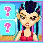 다채로운 머리를 가진 만화 스타일의 여성이 네 개의 물음표가 있는 파란색 버튼 옆에 서 있는 모습