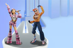 두 명의 캐릭터가 무대 위에서 서로 다른 포즈를 취하고 있으며, 배경은 파란색 톤의 추상적인 형태로 구성되어 있습니다