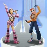 두 명의 캐릭터가 무대 위에서 서로 다른 포즈를 취하고 있으며, 배경은 파란색 톤의 추상적인 형태로 구성되어 있습니다