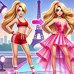 금발의 여성이 스포츠웨어에서 핑크 드레스로 변신한 모습이 에펠탑 배경 앞에 있는 이미지