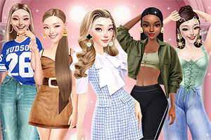 다섯 명의 다양한 스타일로 옷을 입은 여성 캐릭터들이 밝은 핑크색 배경 앞에 서 있다