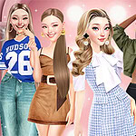 다섯 명의 다양한 스타일로 옷을 입은 여성 캐릭터들이 밝은 핑크색 배경 앞에 서 있다