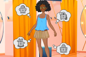 탈의실에서 파란 탱크톱과 베이지색 치마를 입고 있는 캐릭터와 잠금 장치 아이콘이 주변에 있는 모습