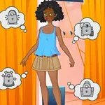 탈의실에서 파란 탱크톱과 베이지색 치마를 입고 있는 캐릭터와 잠금 장치 아이콘이 주변에 있는 모습