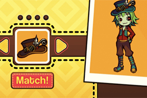 일치하는 모자를 쓴 만화 스타일의 녹색 머리 캐릭터와 모자 그림이 있는 화면