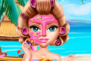 해변 배경 앞에서 얼굴에 분홍색 마스크를 사용하고 있는 여성 캐릭터