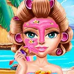 해변 배경 앞에서 얼굴에 분홍색 마스크를 사용하고 있는 여성 캐릭터