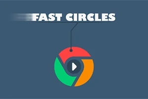 어두운 배경에 있는 빨강, 초록, 주황색 원형 로고와 중앙의 재생 버튼, 그리고 위에 FAST CIRCLES라는 텍스트