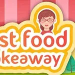 fast food takeaway라는 글자가 적힌 노란색과 빨간색의 로고, 안경을 쓴 여성 캐릭터가 삽입되어 있음