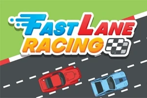 빨간색과 파란색 자동차가 검은 도로 위를 달리는 모습과 FAST LANE RACING이라는 텍스트가 있는 이미지