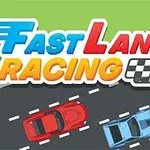 빨간색과 파란색 자동차가 검은 도로 위를 달리는 모습과 FAST LANE RACING이라는 텍스트가 있는 이미지