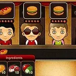 캐릭터들이 햄버거와 핫도그를 주문하고 있으며, 화면 하단에는 다양한 재료와 소스, 음료 아이콘이 표시되어 있는 모습