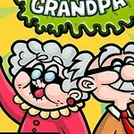 할머니와 할아버지가 웃으며 포크와 나이프를 들고 있는 만화 이미지