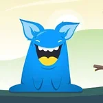 파란색 웃고 있는 캐릭터가 과일과 나무가 있는 배경 앞에 있습니다