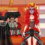 붉은 머리의 여성이 해골 분장을 하고 있으며, 세 개의 전통적인 드레스가 걸려 있는 모습