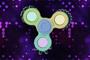 보라색 배경에 장난감 팽이를 닮은 톱니바퀴 모양의 도형이 있는 이미지