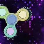 보라색 배경에 장난감 팽이를 닮은 톱니바퀴 모양의 도형이 있는 이미지