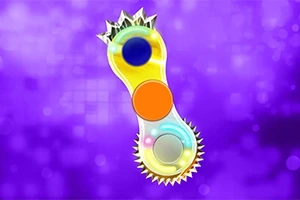 보라색 배경에 노랑색과 주황색, 파란색 원이 있는 비대칭의 날카로운 톱니 모양 패턴