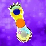 보라색 배경에 노랑색과 주황색, 파란색 원이 있는 비대칭의 날카로운 톱니 모양 패턴