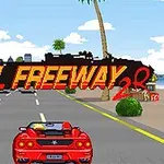 빨간색 스포츠카가 도시 고속도로를 달리는 장면과 게임 제목이 큰 글씨로 표시된 이미지