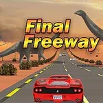 붉은 스포츠카가 공룡이 있는 사막 도로를 주행하고 있다