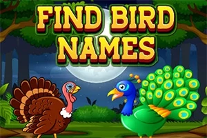 커다란 글자로 FIND BIRD NAMES가 쓰여진 배경에 칠면조와 공작새가 그려져 있는 이미지