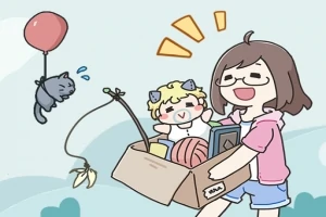 소녀가 상자를 들고 웃고 있으며, 고양이가 풍선에 매달려 있는 귀여운 만화 이미지