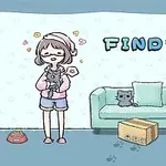 소녀가 고양이를 안고 있고, 소파에 고양이와 상자가 놓인 그림