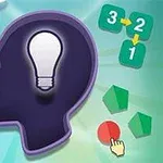 노란색 배경에 검은 사람 옆모습 실루엣 안에 전구 아이콘이 있고, 주위에 숫자, 도형, 그리고 손 모양 커서가 있는 이미지