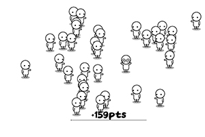 여러 명의 귀여운 캐릭터들이 흩어져 있고, 한 캐릭터는 안경을 쓰고 있으며, 화면 아래에 점수가 표시되어 있다