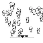 여러 명의 귀여운 캐릭터들이 흩어져 있고, 한 캐릭터는 안경을 쓰고 있으며, 화면 아래에 점수가 표시되어 있다