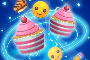 파란 배경에 핑크색 컵케이크와 웃는 얼굴 이모티콘, 그리고 번개 효과가 있는 이미지